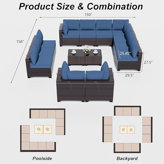 ALAULM Patio Furniture Set with Coffee Table, 14 Pieces Outdoor Sectional with Wide Seat and Thick Cushion, All Weather Wicker Rattan Conversation Set for Backyard, Garden, Deck, NavyBlue