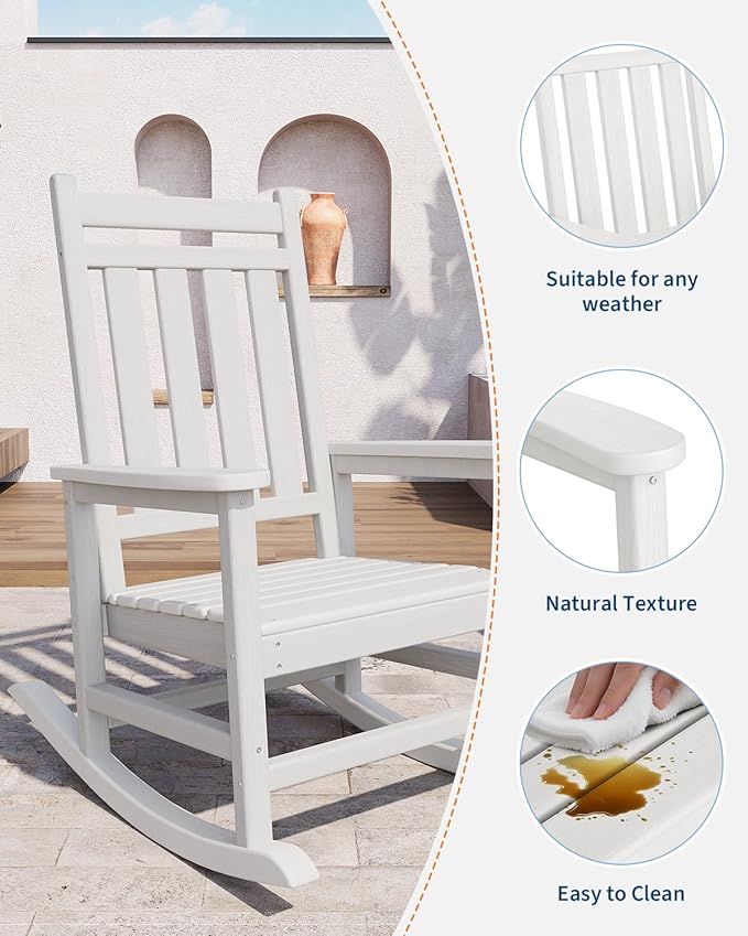GarveeLife Poly Lumber Rocking Chair Outdoor Set of 6 - HDPE High Back Porch Rocker Chairs for Adults - All Weather Resistant Furniture for Patio - White