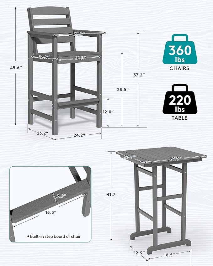 SERWALL 4 Pieces Outdoor Patio Bar Set with 9ft Umbrella, Outdoor HDPE Barstool and Table Furniture Set with Patio Umbrella, Gray