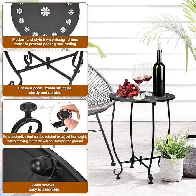 2 Pack 14 Inch Outdoor Side Tables for Patio, Weather Resistant Steel Patio Side Table, Small Round Outdoor End Table Metal Side Table for Patio Yard Balcony Garden Black (Petal)
