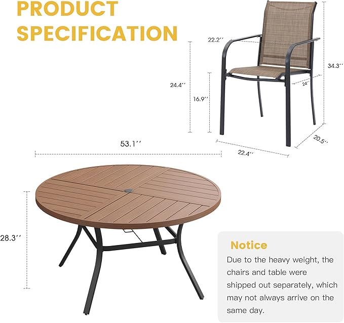 VICLLAX Patio Table and Chair Set of 8, All Weather Metal Round Outdoor Dining Furniture Set-53 Round Outdoor Table and Chairs, Walnut Wood Grain Tabletop