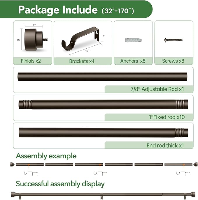 Curtain Rods for Windows 32 to 170, 1 Inch Adjustable Heavy Duty Long Window Outdoor Curtain Rod for Patio, Drapery Rods with Simple End Caps, Size 32"-170", Antique Bronze