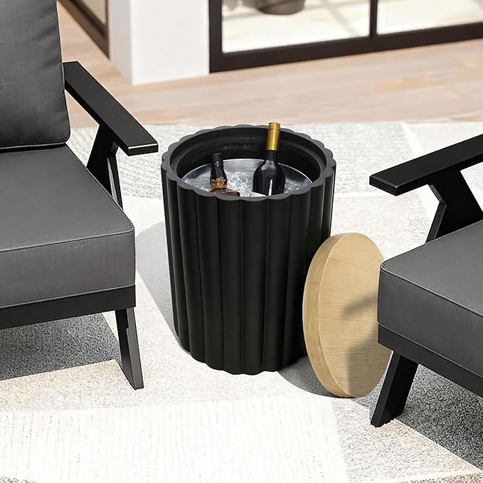 LuxenHome 20" Black Outdoor Side Table with Storage, Fluted Outdoor End Table with Metal Ice Bucket for Patio, Outside Accent Table for Balcony, Garden, Yard