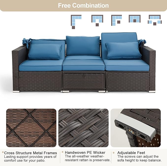 Vicluke 6 Pieces Patio Furniture Sets Outdoor Sectional Sofa Set Rattan Daybed with Retractable Canopy, Adjustable Backrest, Storable Tea Table Rectangle Sunbed for Backyard Garden Poolside(Blue)
