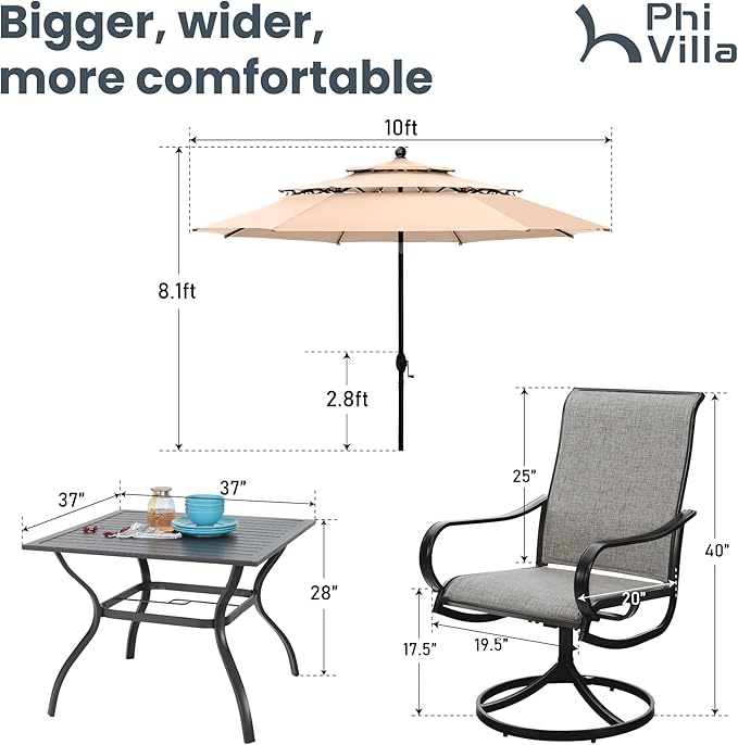 PHI VILLA Patio Table and Chairs Dining Set with Umbrella for 4, Outdoor Dining Set with 4 Swivel Patio Chairs, 1 Square Metal Dining Table and 10ft Beige Large Patio Umbrella (No Umbrella Base)