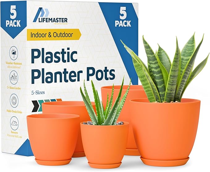 Yellow Plant Pots with Drainage Holes & Saucers 5 Pack, Indoor & Outdoor Stackable Space-Saving Planters for Houseplants & Flowers, (7", 6.7", 6", 5.3", and 4.8" Inches), Durable & Weatherproof