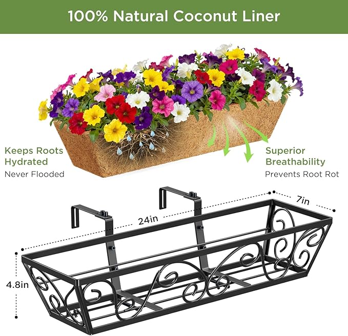 Y&M 24 Inch Window Deck with Coco Liner, Fence Metal Hanging Flower Planter Window Basket Deck Railing Planter Boxes for Outdoor Garden Lawn-Butterfly, 2pcs
