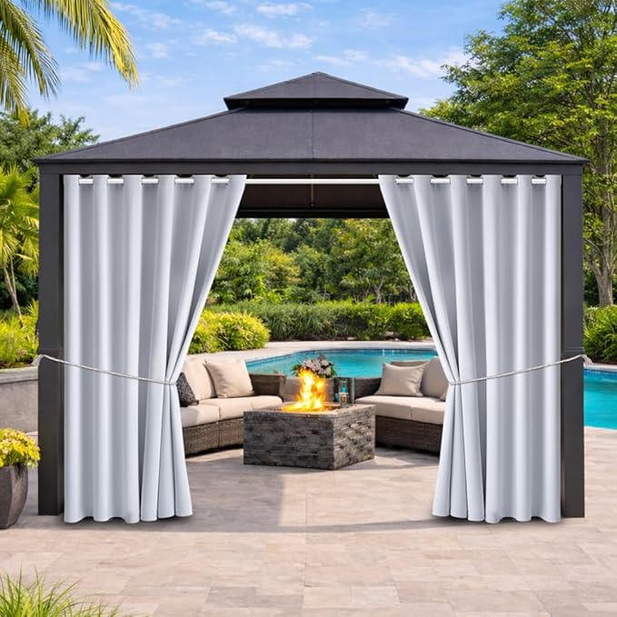 Water Proof Outside Curtains with Grommet Top for Porch, W84 x L120 Thermal Insulated Washable Light Block Outdoor Divider Drapes for Patio Gazebo Deck Pool Area Pergola Cabana (2 Panels)