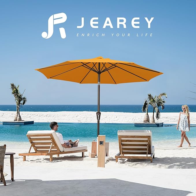 JEAREY 9FT Outdoor Patio Umbrella Outdoor Table Umbrellas with Push Button Tilt and Crank, Market Umbrella 8 Sturdy Ribs UV Protection Waterproof for Garden, Deck, Backyard, Pool (Sun Orange)