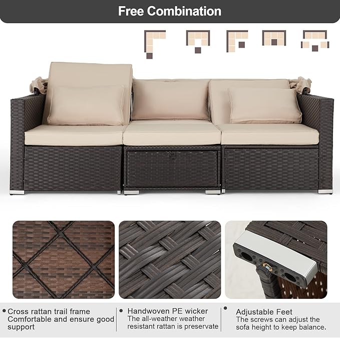 Vicluke 6 Pieces Patio Furniture Sets Outdoor Sectional Sofa Set Rattan Daybed with Retractable Canopy, Adjustable Backrest, Storable Tea Table Rectangle Sunbed for Backyard Garden Poolside(Khaki)