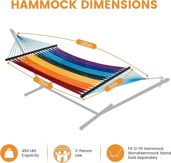 Lazy Daze Hammocks 10.5 FT Double 2 Person Caribbean Rope Hammock, Hand Woven Polyester Hammock with Spreader Bars, for Outside Outdoor Backyard Patio Poolside, 450 LBS Capacity, Rainbow