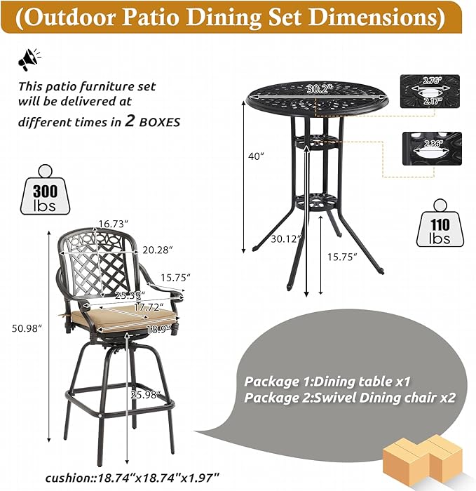 3-Piece Cast Aluminum Patio Bar Set, Outdoor Round High Top Table & 2 Swivel Bar Chairs with Cushions, All-Weather Bistro Table and Chairs Set for Patio, Lawn & Garden (1 Table +2 Swivel Chairs)