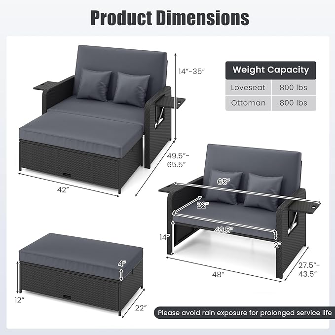 HAPPYGRILL Patio Rattan Wicker Daybed with Loveseat & Storage Ottoman, Outdoor Lounge Sofa Furniture Set with Adjustable Backrest & Side Trays, for Poolside Deck Porch Lawn (Black & Gray)