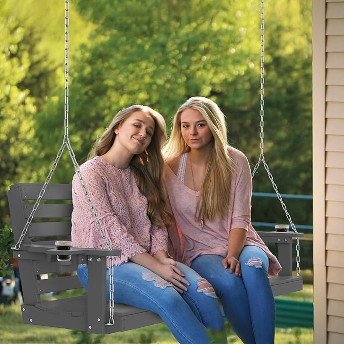 Plawdlik Porch Swings,2 Seat Patio Chair with Two Cup Holders,HDPE Waterproof Bench for Courtyard-Grey