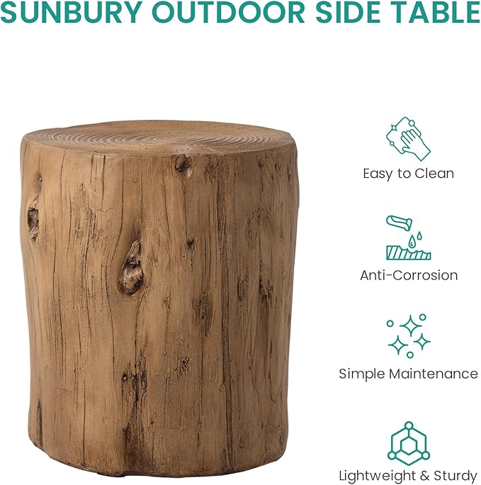 SUNBURY Outdoor Side Table Set of 2, Tree Stump Side Table Light Oak Colored Faux Wood, Wood Stump Stool, Ottoman or Plant Stand, Deck or Garden