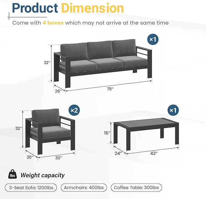 Solaste Aluminum Patio Furniture Set for All Weather, Oversized Metal Outdoor Furniture Set with 27.5" Deep Seating and 3.2" WIde Armrest, Outdoor Patio Conversation Sets with 10’’ Back Suport Cushion