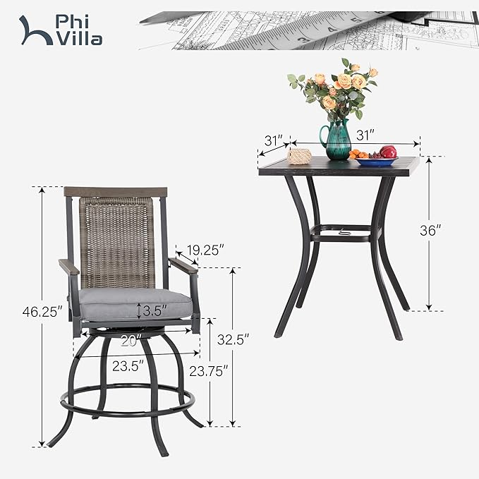 PHI VILLA 3 Piece Outdoor Bar Furniture Set, Counter Height Patio Bar Bistro Table (Square) & Rattan Wicker Bar Stools Chairs with All Weather Cushions for Backyard, Deck and Porch