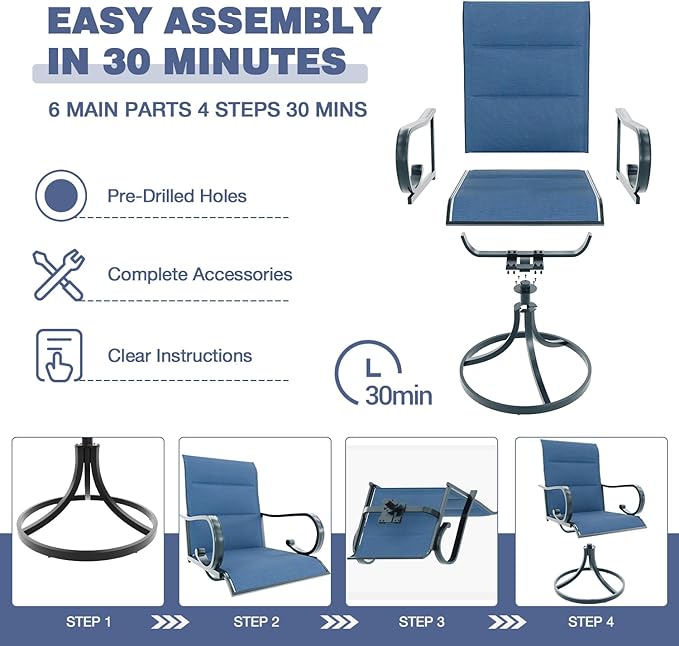 MELLCOM 7 Pieces Outdoor Dining Set, 6 Swivel Rocker Chairs with High Back Textilene & Rectangular Metal Dining Table with Umbrella Hole, Patio Furniture Set for Porch, Garden, Backyard, Blue