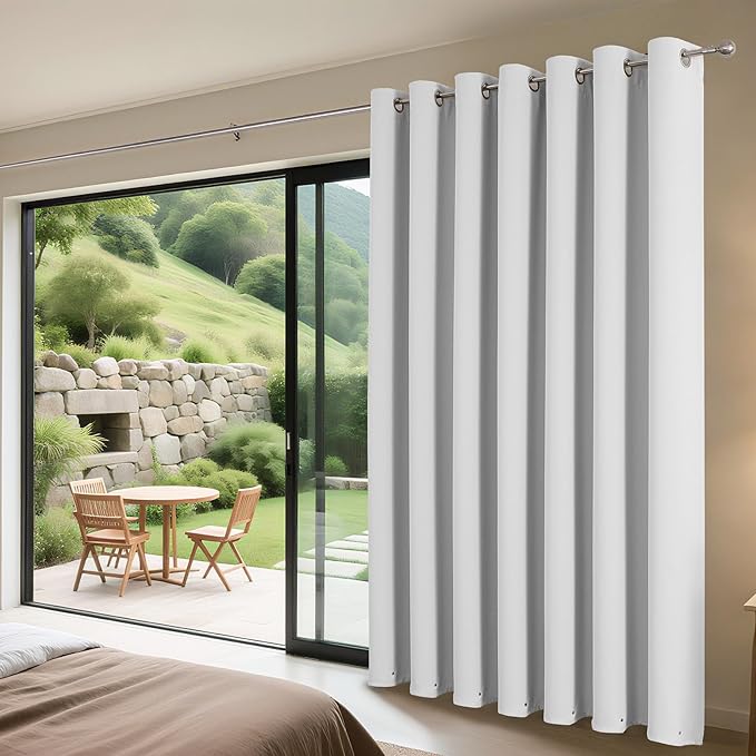 Joydeco Blackout Patio Sliding Door Curtains 90 Inches Long, Grommet Privacy Room Divider Curtains, Extra Wide Thermal Blackout Drapes for Bedroom Living Room (Greyish White, 80Wx90L, 1 Panel)