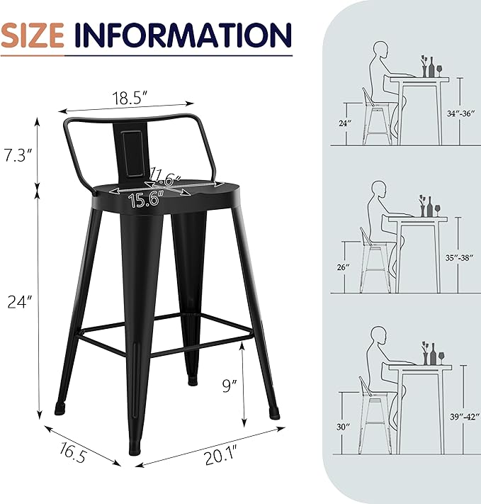 Aklaus Metal Bar Stools Set of 4 Counter Height Bar Stools for Kitchen Island Farmhouse Barstools with Removable Back 24" Indoor Outdoor Barstools, Matte Black