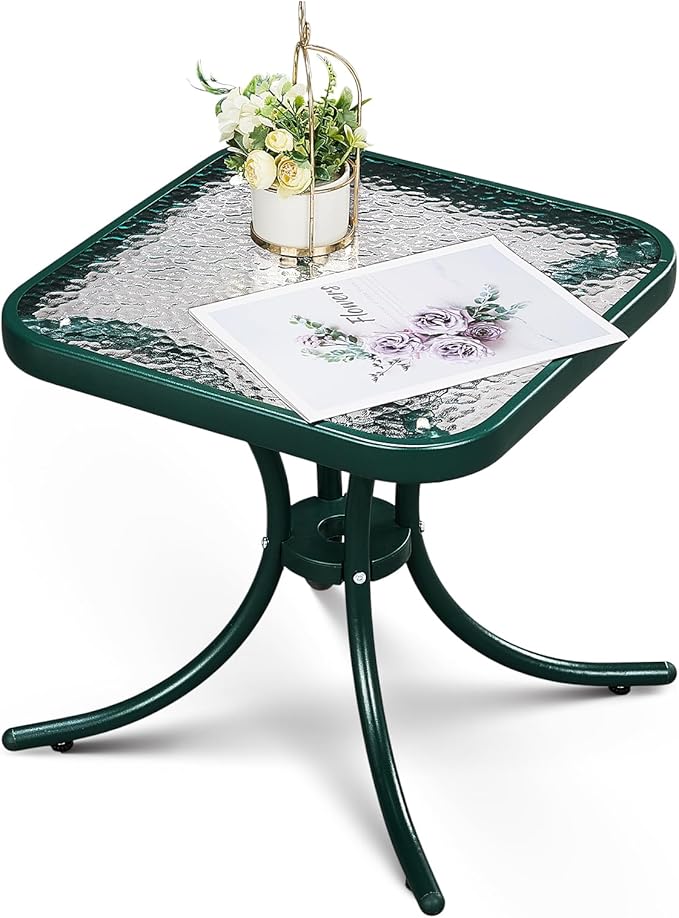 VINGLI Outdoor Side Table, 18" Patio Table Steel Frame Tempered Glass Top, Weatherproof Small Tables for Balcony Garden Poolside (Green, Square)