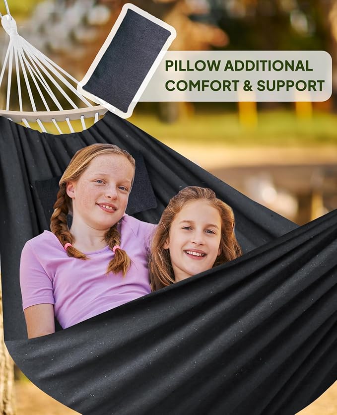 Chihee Hammock for Stand 9.8ft x 4.9ft Soft Cotton Hammock Holds Up to 660lbs Portable Tree Hammocks with Detachable Spreader Bar Pillow 2 Strong Webbings 2 Carabiners Patio Garden Indoor Outdoor