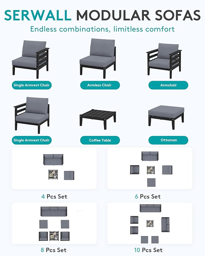 SERWALL HDPE Patio Furniture Set, 6 Pieces Outdoor Sectional Sofa Set, All-Weather Wood-Like Outdoor Sofa Couch with Coffee Table for Deck, Lawn, Black Frame with Grey Cushion