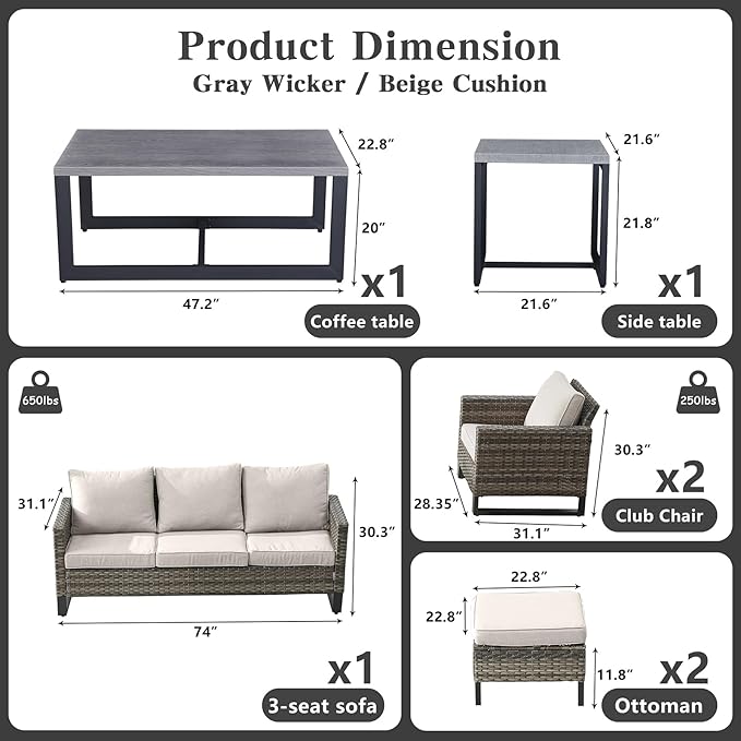 Belord 7 Piece Outdoor Furniture Patio Wicker Sofa Set, Oversize Outdoor Dining Chairs with Rattan Ottomans, Conversation Sets Patio Furniture Come with Removable Washable Cushion Beige