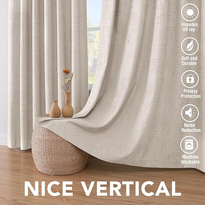 H.VERSAILTEX Linen Curtains 100% Blackout Curtains for Bedroom 90 inch Long Full Light Blocking Nature Linen Blended Window Curtains for Living Room Nickel Grommet (2 Panels, Natural)