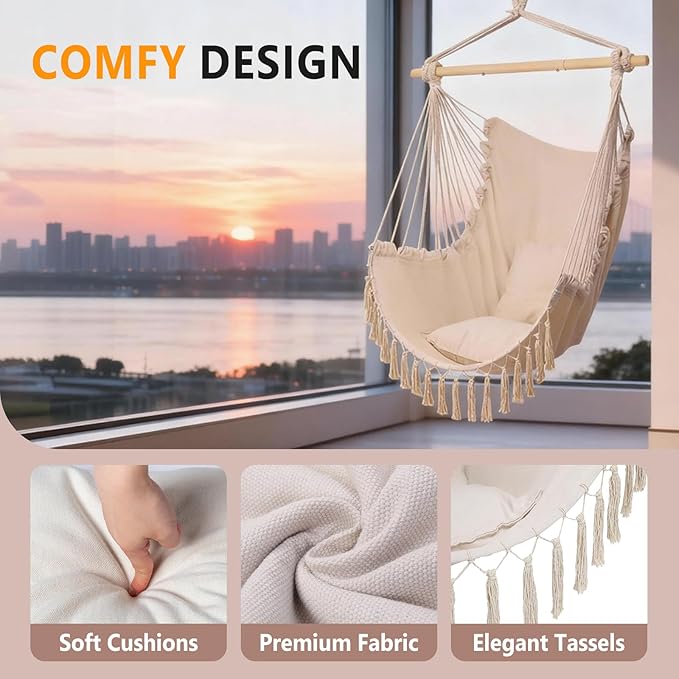 ONCLOUD Hammock Chair Hanging Rope Swing, Load Capacity Up to 550 LBS Macrame Hammock Swing Seat with Two Cushions, Hammock Seats with Portable Steel Spreader Bar for Indoor/Outdoor, Beige