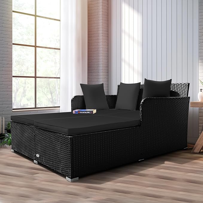 RELAX4LIFE Rattan Patio Outdoor Daybed, Wicker 2-Person Sunbed Loveseat with Soft Cushions, 4 Pillows, Curved Backrest & Armrest, Double Bed Lounger Sofa Set for Balcony Porch, Patio Bed (Black)