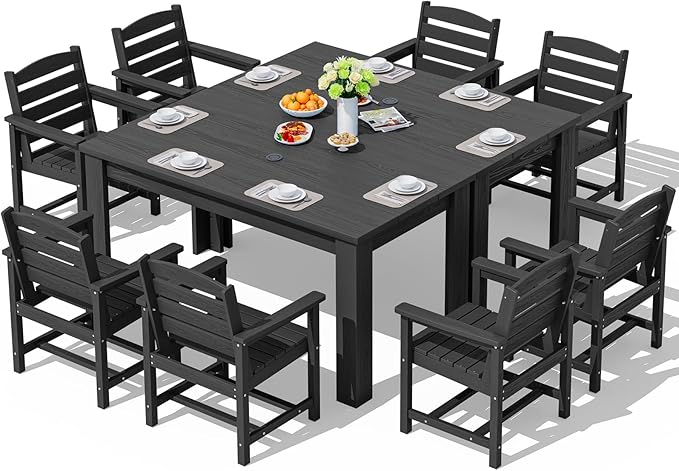 SERWALL Patio Dining Sets for 8, Outdoor Dining Sets for 8 Person with 2 Umbrella Hole Cut-Out Rectangular Tables and 8 Chairs, HDPE Dining Sets for Garden, Backyard, Poolside, Black