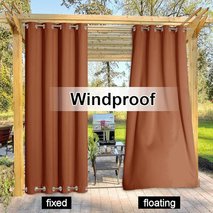 NICETOWN Outdoor Curtains Waterproof & Windproof, Thermal Insulated Top and Bottom Rustproof Grommet Heavy Weight Sunlight Block Patio Drapes, Burnt Orange, 52 x 95 inches