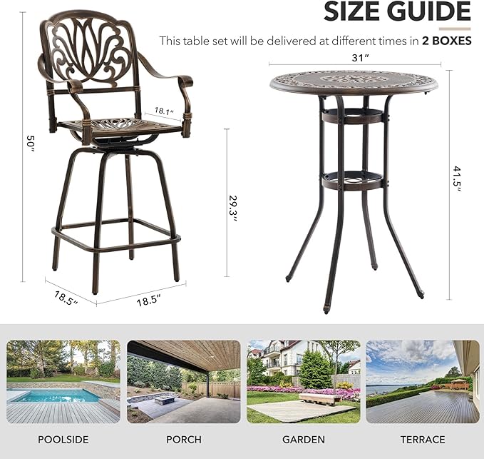 3 Piece Swivel Outdoor Table and Chairs Bar Set , All-Weather Cast Aluminum Outdoor High Top Patio Bar Set Bistro Set, High Swivel Stools with Cushions Umberlla Hole for Balcony, Poolside,Garden,Lawn