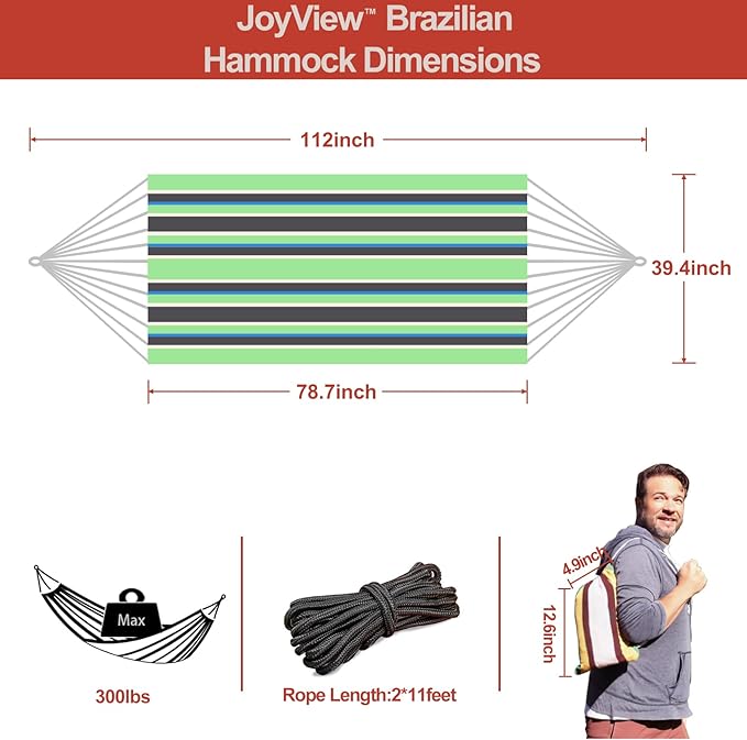 JoyView Brazilian Hammock for Single Preson - 78.8x39.4” Portable Cotton Hammock with Hanging Ropes & Carry Bag Large for Patio 300LBS Capacity Perfect for Outdoor/Indoor - Green/Black Stripe