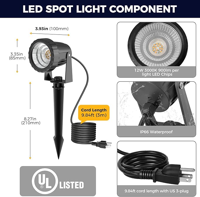 L LOHAS LED 12W Dusk to Dawn Outdoor Lighting, Auto On/Off 3000K Landscape Outdoor Spotlight, IP66 Waterproof Plug in Spot Lights for Yard, Garden, House, Pathway, Plant(2 Pack)