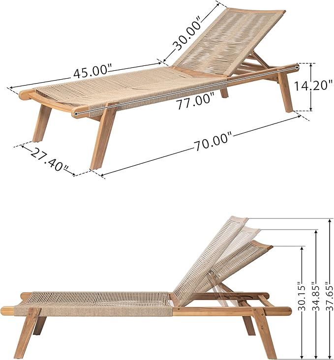 Christopher Knight Home Set of 2 Outdoor Patio Wood Adjustable Chaise Lounges with Rope Seating, Rope Chaise Lounge with Acacia Wood Frame, Chaise Lounge for Poolside, Balcony, Yard, Teak+Beige