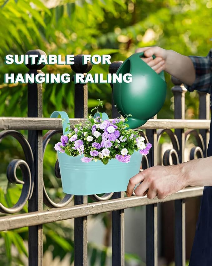 Railing planter box - 3 Pack Metal Hanging Flower Pots with Detachable Hooks & Drainage Holes, Window Oval Bucket Fence Hanging Planters for Outdoor Plants Garden Balcony Home Decor, Purple Pink Blue