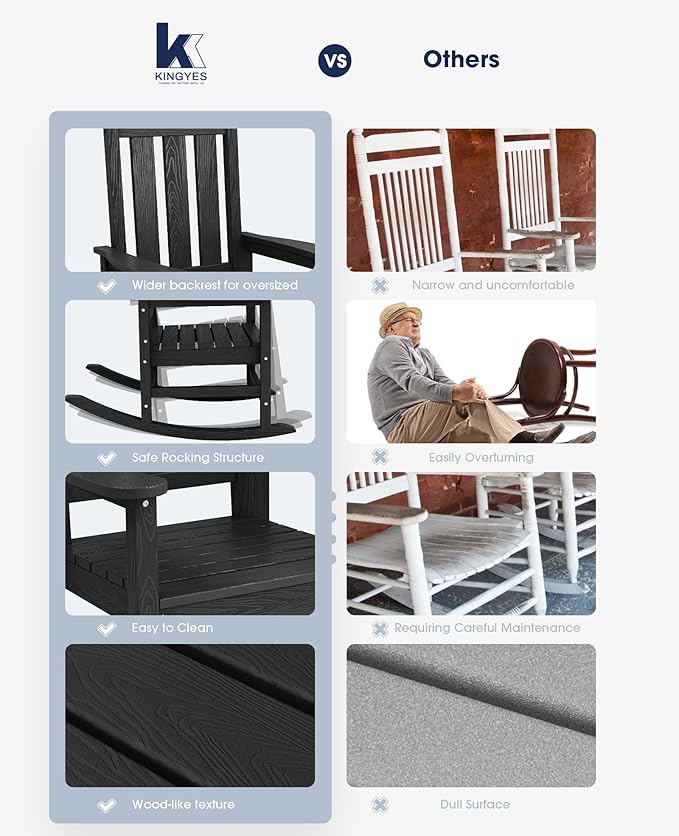 KINGYES Oversized Outdoor Rocking Chair Set of 6, All-Weather Patio Rocking Chairs for Porch, HDPE Outdoor Patio Rockers with High Back & Wide Seat for Garden, Lawn, Black