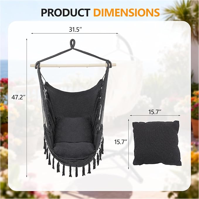 ONCLOUD Hammock Chair Hanging Rope Swing, Load Capacity Up to 550 LBS Macrame Hammock Swing Seat with Two Cushions, Hammock Seats with Portable Steel Spreader Bar for Indoor/Outdoor, Dark Grey