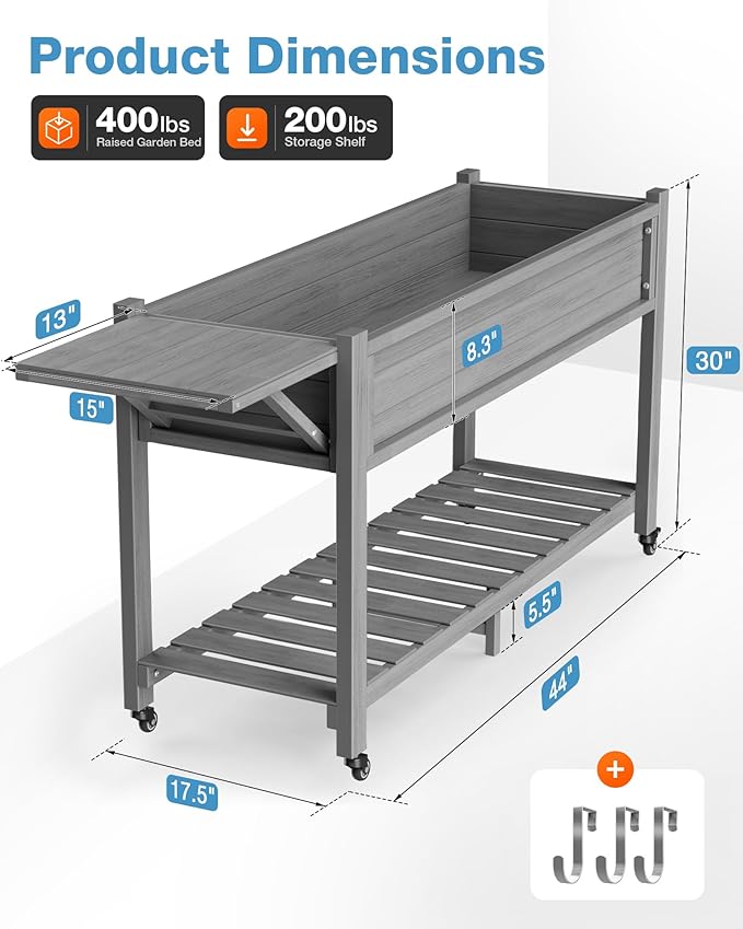 YEFU Raised Garden Bed with Legs: 57x18x30in Elevated Poly Planter with Wheels,Waterproof Mobile Raised Bed Garden, Elevated Planter Box Stand with Storage Shelf,for Deck,Patio,Porch,Yard (Grey,2pcs)