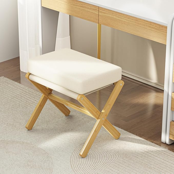 Foldable Foot Stool Ottoman, Modern Foot Rest with Bamboo X Legs & Thick Foam Cushion, Folding Foot Stools Small Padded for Bedroom Living Room, Footstool for Chair Couch (Natural - Beige)