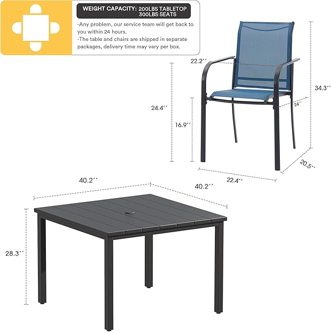 VICLLAX Patio Dining Set for 4, Alll Weather Metal Outdoor Furniture Set Includes 1 Square Outdoor Table and 4 Stackable Patio Chairs, Black Table and Blue Chairs