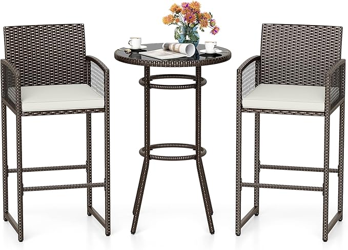 Tangkula 3 Piece Patio Bar Set, Outdoor Heavy Duty Wicker Bar Height Table & 2 Cushioned Barstools, for Backyard, Poolside, Porch, Bistro