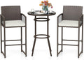 Tangkula 3 Piece Patio Bar Set, Outdoor Heavy Duty Wicker Bar Height Table & 2 Cushioned Barstools, for Backyard, Poolside, Porch, Bistro