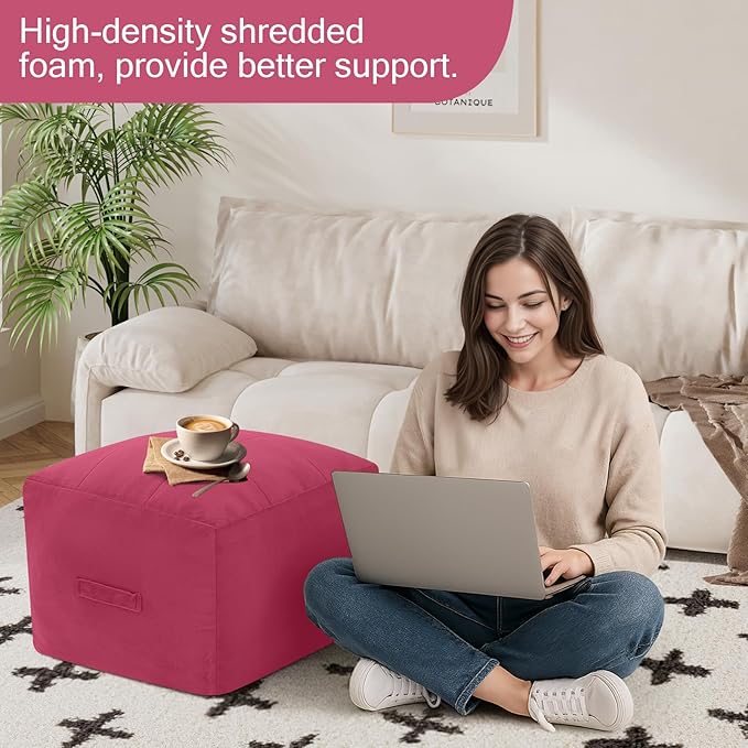 MeMoreCool Square Stuffed Pouf Ottoman Foot Rest, Floor Pouf Foot Stool with Foam Chunk Filling, Soft Stuffed Ottoman Footrest for Living Room