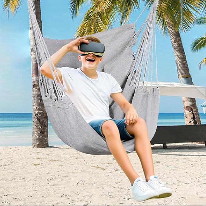 Goutime Hammock Chair, Boho Hanging Rope Ceiling Swing, Macrame Hanging Swinging Chair for Indoor,Outdoor,Bedroom,Outside,Garden,Balcony,Yard,Deck,Max 330 Lbs (Gray)