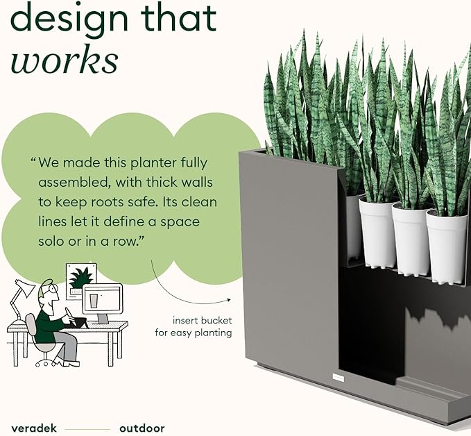 Veradek Block Series Span Plastic Planter - Tall Rectangular Planter for Indoor or Outdoor Patio/Porch, Gray, 24.25 in Height, 12 in Width, 30 in Length