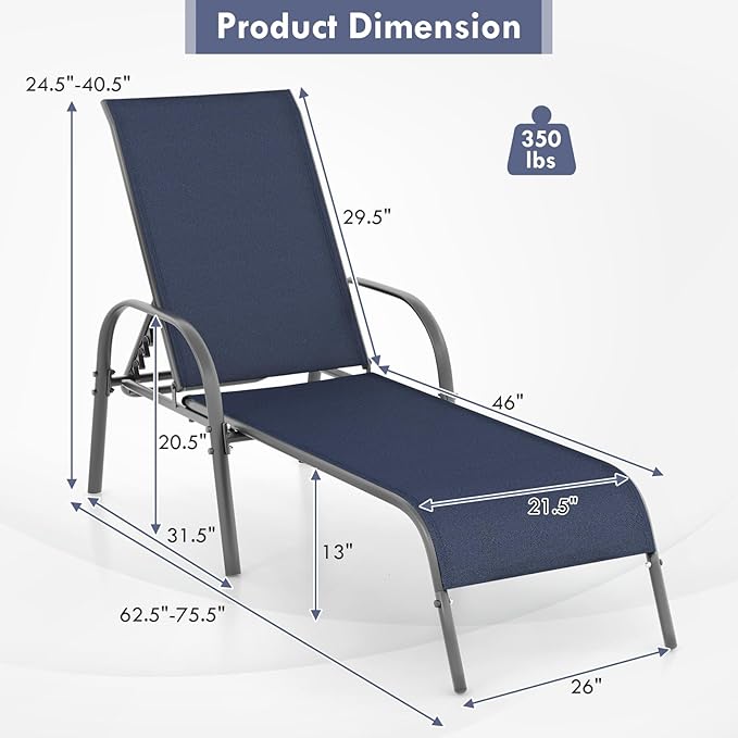 Giantex Patio Lounge Chair, Outdoor Chaise Lounge with 5 Adjustable Backrest, Sturdy Steel Frame, Sunbathing Recliner, Tanning Chair for Beach, Outside, Yard, Balcony, Pool Chairs, Navy