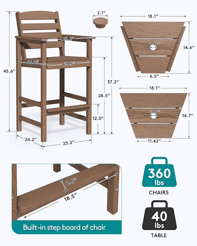 SERWALL Tall Adirondack Chairs Set of 2 with Connecting Table, Balcony Adirondack Chairs Set, Outdoor Bar Height Barstools Chair Set for Bistro, Poolside, Garden, Brown